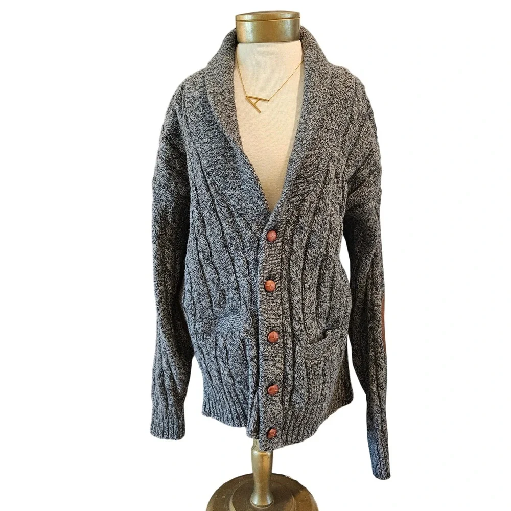 Eddie Bauer Vintage Mens Wool CableKnit Cardigan Shawl Collar Elbow Patch Grey L
